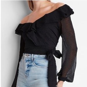 Express Black Dot Off the Shoulder Ruffle Wrap Top